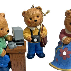 1996 AVON Hobby 3 Teddy Bears Sewing Photographer & Computer Christmas Ornaments